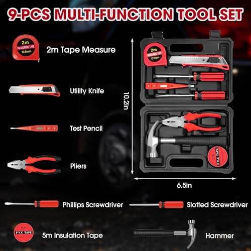 Roadside Car Emergency Kit, Winter Car Safety Kit with 10FT Jumper Cables, Tow Strap, Tool Kit, Reflective Warning Triangle, Road Trip Essentials, for New Drivers, Teens - color: Red, size: Essential Kit + Repair Tool Set