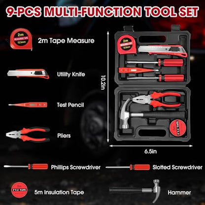 Roadside Car Emergency Kit, Winter Car Safety Kit with 10FT Jumper Cables, Tow Strap, Tool Kit, Reflective Warning Triangle, Road Trip Essentials, for New Drivers, Teens - color: Red, size: Essential Kit + Repair Tool Set