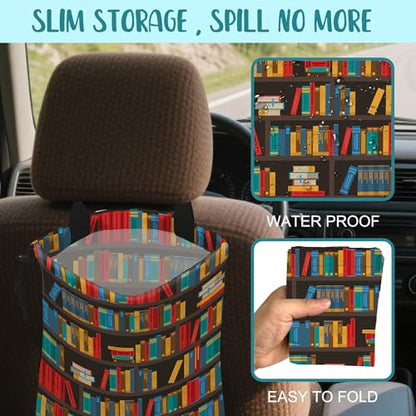 Car Garbage Bag Colorful Bookshelves Library Drawstring Car Trash Bag Hanging for Back Seat with Adjustable Buckle Canvas Vehicle Trash Can Easy-to-Install - color: Colorful Bookshelves Library