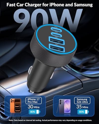 [2-Pack] Car Charger USB C, 4 in 1 90W Fast Charging 4-Port Dual 45W USBC & USB A Phone Car Charger Cargador Carro Lighter Adapter for iPhone 17 16 15 14 13 12 Pro Max, iPad, Galaxy, Tablet, Android - style: 2 Pack
