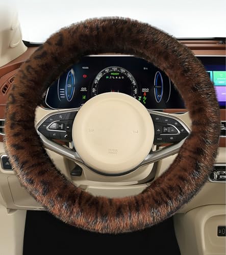 Fluffy Cheetah Car Steering Wheel Cover Luxurious Faux Fur Leopard Print Cute Wheel Protector Universal 15 Inch Fit for Vehicle, Car, Auto, SUV Winter Warm (Brown Coffee) - color: Brown Coffee