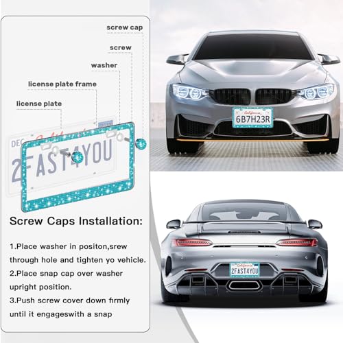 2 Pack License Plate Frames for Women, Sparkly Rhinestone Diamond Car Accessories with Glitter Crystal Caps (Blue（2PCS）) - color: Blue（2PCS）