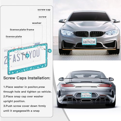 2 Pack License Plate Frames for Women, Sparkly Rhinestone Diamond Car Accessories with Glitter Crystal Caps (Blue（2PCS）) - color: Blue（2PCS）
