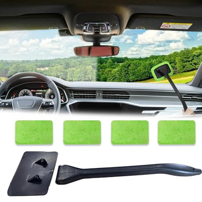 Windshield Cleaning Tool, Extendable Handle Car Window Cleaner with 4 Reusable Microfiber Pads, Auto Inside Glass Wiper for Car Windscreen Cleaning - color: Green