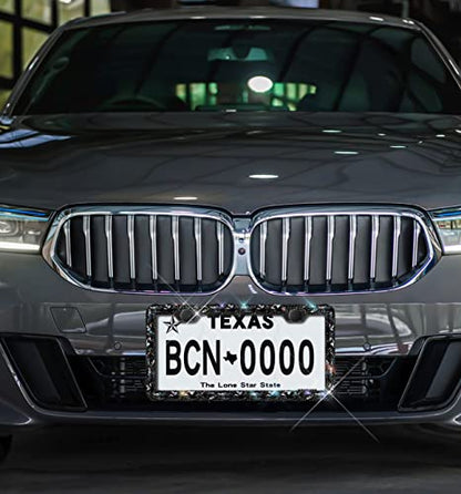 2 Pack Bling License Plate Frame for Women with High End Ribbon Gift Box Rhinestone Sparkly Diamond License Plate Holder, Handcrafted Crystal Premium Stainless Steel (Black Gem) - color: black 2pcs