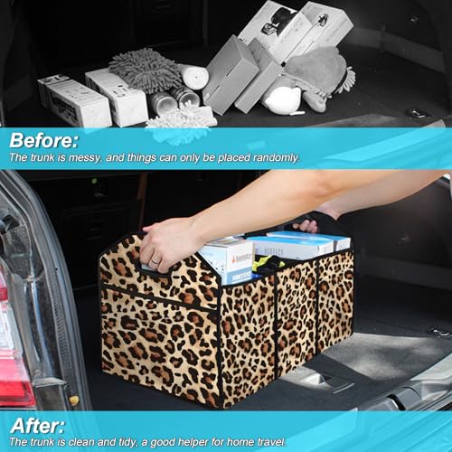 Classic Leopard SUV Car Trunk Organizer Accessories 50L Collapsible Car Storage Bag 3 Compartment Caddy Waterproof Foldable - color: Classic Leopard