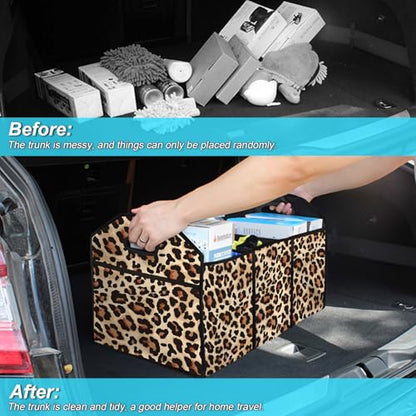Classic Leopard SUV Car Trunk Organizer Accessories 50L Collapsible Car Storage Bag 3 Compartment Caddy Waterproof Foldable - color: Classic Leopard
