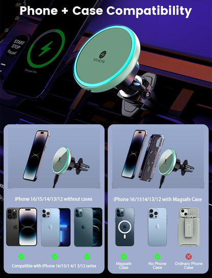MOKPR for Magnetic Car Mount Charger-15W Wireless Car Charger-Magnetic Car Phone Holder for Dash Air Vent-LED RGB HandsFree Car Mount Fast Car Charger for iPhone 14/13/12 Series,Green - color: Green Cover