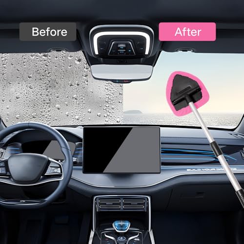 Qydipclin 10pcs Windshield Cleaning Tool Inside Car Window Cleaner Wash Kit with 4 Reusable Microfiber Pads 1 Spray Bottle and Extendable Handle Interior Auto Glass Wiper Kit, Pink - color: Pink
