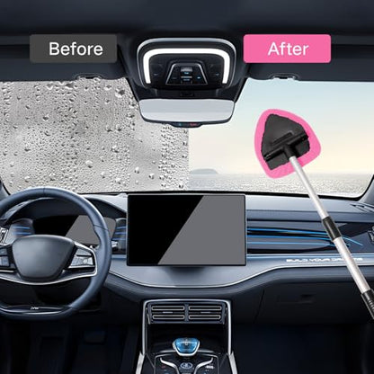 Qydipclin 11pcs Windshield Cleaner Tool, Car Window Cleaning Wash Kit with 6 Reusable Microfiber Pads 2 Spray Bottles and Extendable Handles Auto Glass Wiper Kit, Pink - color: Pink