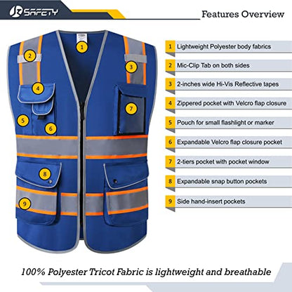 JKSafety 9 Pockets High Visibility Zipper Front Safety Vest | Blue with Dual Tone High Reflective Strips | Meets ANSI/ISEA Standards (901-Blue, Medium) - color: Blue Orange Strips, size: Medium
