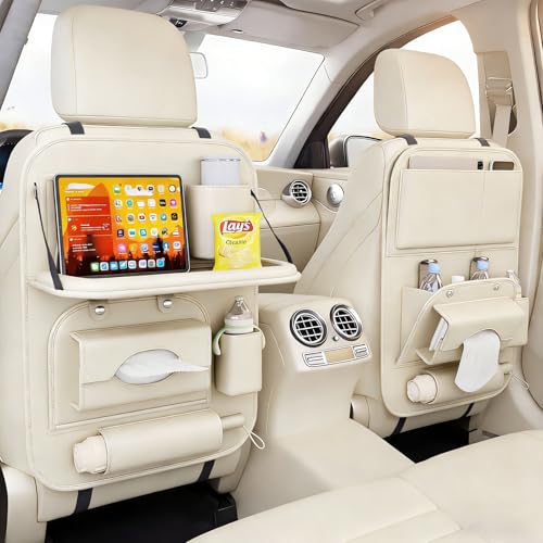 2 Pack Universal Premium Leather Foldable Car Backseat Organizer with Table Tray, Car Seat Back Protector with Garbage Bag Touch Screen Pad Holder, Car Kick Mats with Tissue Box (Beige) - color: Beige, size: 2 Pack
