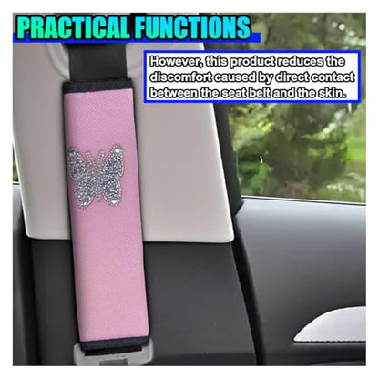 2PCS Bling Car Seat Belt Covers, Polyester Fiber Vehicle Seatbelt Cushion Pad Protector, Butterfly Safe Strap Cover Pad, Comfort Car Seat Belt Shoulder Pads Accessories, Universal Fit(Pink/White) - color: Pink/White