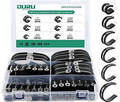 OURU 46PCS Cable Clamps Assortment Kit,Stainless Steel Rubber Coated Cushioned Insulated Cable Clamp,Automotive Wire Clamps,Pipe Clamps,Metal Clamp in 6 Sizes—1/2'' 1'' 1-1/4'' 1-1/2'' 1-3/4'' 2'' - size: 46pcs - 1/2", 1", 1-1/4", 1-1/2", 1-3/4", 2"