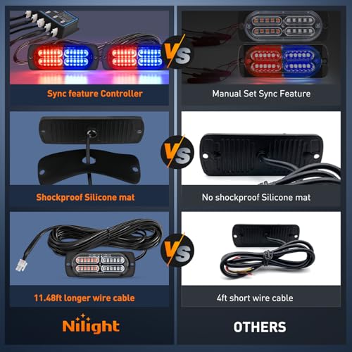 Nilight 4PCS LED Strobe lights 12V 24V Sync Feature Red Blue 24LED Emergency Hazard Warning Lights with Controller Hard Wire or Cigarette Lighter Plug for Car Truck RVs Campers - color: Red Blue w/Controller