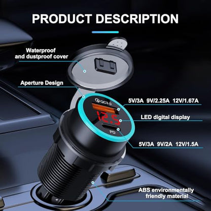 20W USB C Car Charger with PD & QC3.0, Dual Port Fast Charging Adapter with LED Voltage Display, Compatible with iPhone, Samsung, Android, for 12V/24V Cars and Trucks
