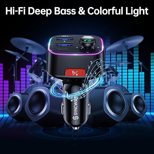 Syncwire Bluetooth 5.4 FM Transmitter Car Adapter 48W (PD 36W & 12W) [Light Switch] [HiFi Bass Sound] [Fast Charging] Wireless Radio Music Adapter LED Display Hands-Free Calling Support USB Drive - color: Black, style: 48W