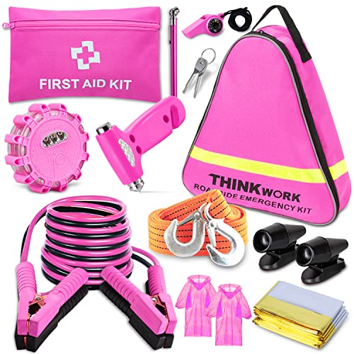 THINKWORK Car Emergency Kit for Teen Girls and Lady's Gifts, Pink Emergency Roadside Assistance Kit with 10FT Jumper, First Aid Kit, LED Flare, Deer Whistles, and More Ideal Pink Accessories Tool - color: Rose Pink