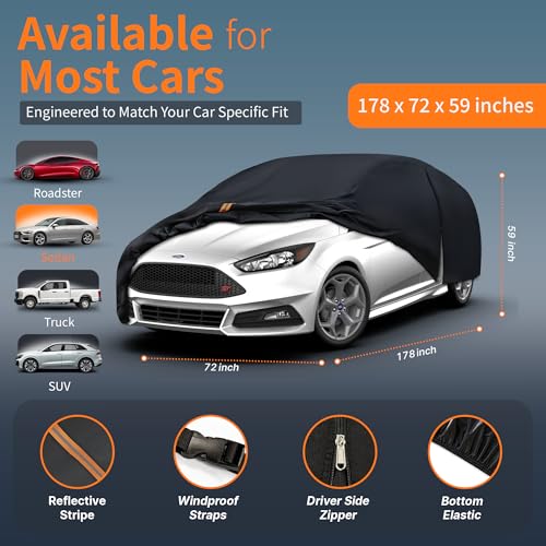 Waterproof Car Cover All-Weather, Heavy-Duty Outdoor Full Exterior Automobiles Snow Cover for Hatchback 164-178 inch with Sun Visor,Zippered & Storage Bag - Black - size: Fit Hatchback Length 164-178 inch(2L)