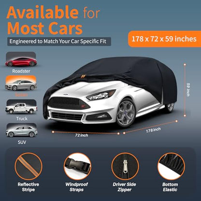 Waterproof Car Cover All-Weather, Heavy-Duty Outdoor Full Exterior Automobiles Snow Cover for Hatchback 164-178 inch with Sun Visor,Zippered & Storage Bag - Black - size: Fit Hatchback Length 164-178 inch(2L)