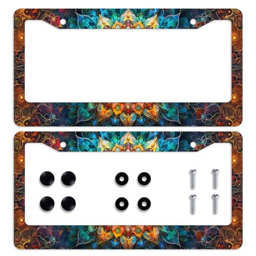 Mandala License Plate Frame Colorful Boho Flower Art Car Front License Plate Personalise License Plate Frames Rust-Proof Stainless Steel Metal Car Plates Tag Funny Decor Men Women 12.2" X 6.2" - color: Mandala_27