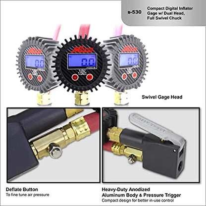 Milton S-530 Compact Digital Tire Inflator with Pressure Gauge, 255 PSI, Dual Head Air Chuck, 15" Hose, 2.5" Dial, 360 Swivel, Res: 0.1 Display, Backlit, Made in USA, Industrial Grade,Matte Black