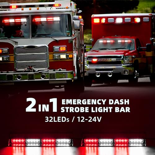 2 in 1 LED Emergency Dash Strobe Light Bar Front/Rear Windshield Safety Flashing Warning Hazard Interior Lights for Police Firefighter Construction Vehicles Trucks (2x14 inch, Red/White) - color: #03 Red/White
