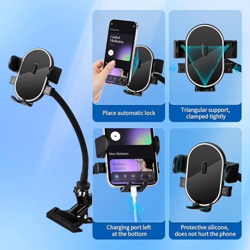 ROCKFREE Clip Phone Holder with 360° Gooseneck Arm & Auto-Locking Clamp,Short/Medium/Long Arm Options for Desk, Mic Stand, Table,Treadmill – Fits 4-7" Smartphones(Long-9.84 inch Arm) - size: Long-9.84 Inch Arm