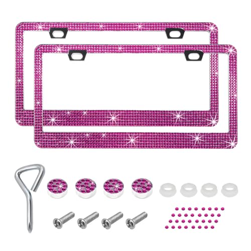 2 PCS Bling License Plate Frame, Stainless Steel Glitter Crystal Diamond License Plate Cover Holder, Sparkly Bedazzled Rhinestone Car Tag Covers for Women, Car Accessories (Pink) - color: Pink, size: 2PCS