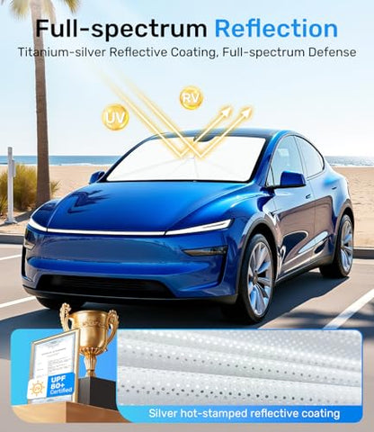 Zanch Upgrade Windshield Sun Shade, Custom Fit for Tesla Mode Y 2017-2026 [Titanium-Silver Reflective Coating] Blocks 99% UV & Heat, Sunshade Umbrella for Model Y 2017 ... 2024 2025 2026 - size: For Tesla Model Y (2017-2026)
