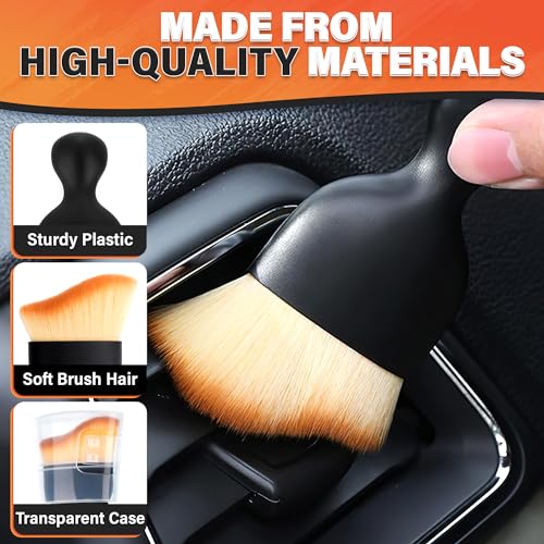 3Pcs Auto Detailing Brushes Set – 2.29" x 3.98" Car Cleaning Brush Interior with Curved Soft Nylon Bristles, Waterproof Plastic Handle, Transparent Storage Case - for Dashboard, AC Vents & Console