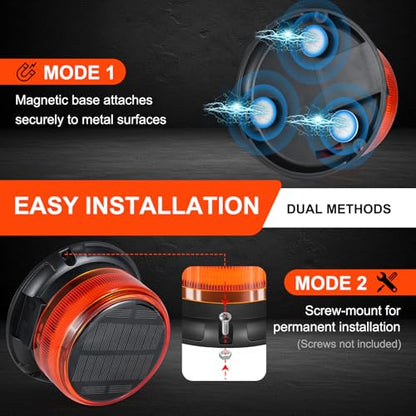 Solar Amber Strobe Light, 48 LED Rechargeable Emergency Warning Beacon Light with 9 Flash Modes, Magnetic Mount, IP68 Waterproof for Trucks, Forklifts, Tractors, Golf Carts, UTV, Car, Bus