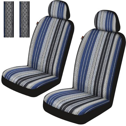 Baja Saddle Blanket Car Seat Covers Front Set with Seat Belt Pads, Washable Breathable Striped Woven Cloth Seat Covers for Cars, SUV, Truck, Airbag Compatible(Blue) - color: Blue, size: Front Set