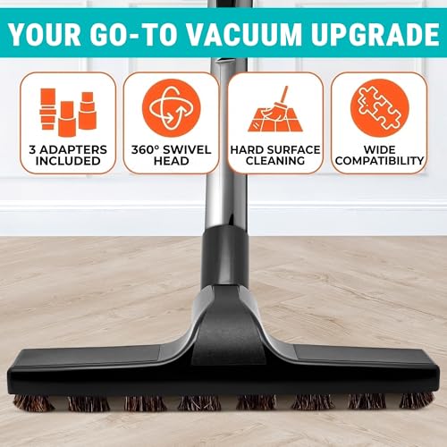 Horsehair Vacuum Brush Attachment 1 1/4 – Vacuum Attachments with 3 Hose Adapters 1.25" to 1.37" - 10.2" Brush Width, 1.25" Diameter Wands, Rotates 360° | Ideal for Wood, Tile, and Smooth Surfaces