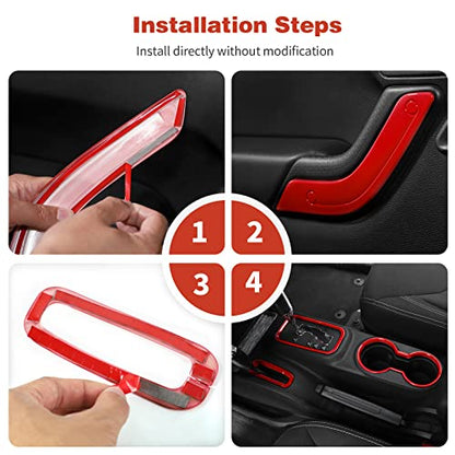 CheroCar 18PCS Interior Trim Kit for Jeep Wrangler JK JKU 2011-2018 4 Door,Steering Button Frame, Air Conditioning Vent Trim Cup Holder Cover,Gear Shift Knobs Frame,Red… - color: Red