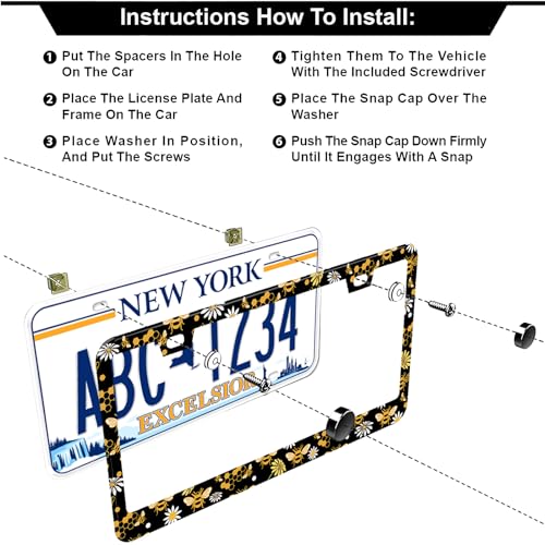 Bee Honeycomb and Flowers License Plate Frames, 2 Pack Bee Honeycomb Flower Car Plate Frame, Stainless Steel License Plate Holders Covers with Free Screws Fasteners Caps (Bee Flowers) - color: Bee flowers