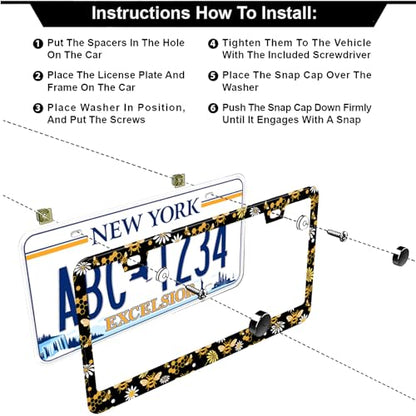 Bee Honeycomb and Flowers License Plate Frames, 2 Pack Bee Honeycomb Flower Car Plate Frame, Stainless Steel License Plate Holders Covers with Free Screws Fasteners Caps (Bee Flowers) - color: Bee flowers