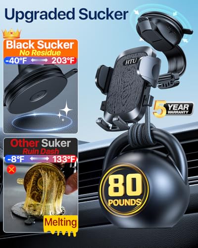 HTU Upgraded Strongest Suction Car Phone Holder Bendable Arm, Never Block View Rotatable Cellphone Mount for Dashboard Windshield Vent, Cradle Stand for iPhone 17 16 15 14 13 12 Pro Max (Black) - color: Black