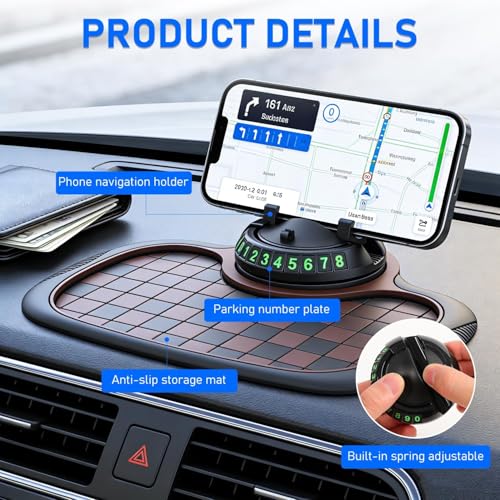 Multifunction Car Anti Slip Dashboard Mat with 360° Rotatable Phone Holder, Temporary Parking Number, Organizer for Phone Sunglasses Keys (Black) - color: black