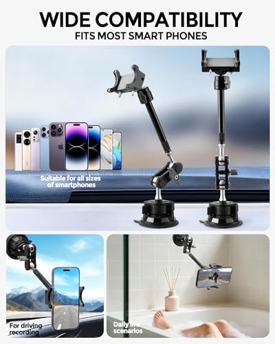 Heavy Duty Phone Mount for Truck, Suction Cup Windshield Car Phone Holder, Ultra-Durable Mteal Car PhoneHolder for F- 150 RAM Silverado Kenworth Peterbilt Freightliner, 360° Anti-Shake Car Phone Mount - style: Extended black