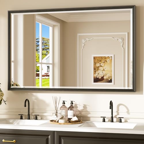 Keonjinn 48" x 30" Black Bathroom Vanity Mirror, Aluminum Alloy Framed Black Mirror, Beveled Edge Tempered Glass, Shatterproof, Transitional Bathroom Mirrors for Over Sink(Vertical/Horizontal) - color: Black, size: 30"L x 48"W