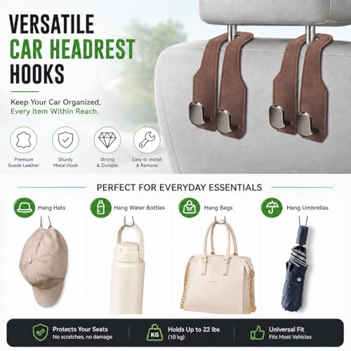 2Pcs Car Headrest Hooks with Premium Leather, Upgraded Double Metal Hooks with Anti-Drop Design, Universal Back Seat Hanger for Bags, Coats, Purses and Groceries (Stylish Brown) - color: Stylish Brown 2Pcs