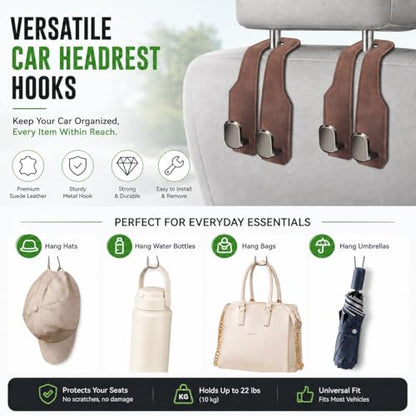 2Pcs Car Headrest Hooks with Premium Leather, Upgraded Double Metal Hooks with Anti-Drop Design, Universal Back Seat Hanger for Bags, Coats, Purses and Groceries (Stylish Brown) - color: Stylish Brown 2Pcs