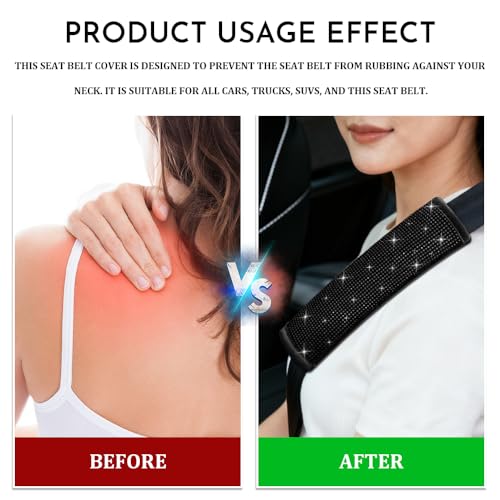 2PCS Bling Seat Belt Covers, Seat Belt Cover Pad, Car Seatbelt Shoulder Pads with Rhinestone, Auto Accessories Comfortable Automotive Neck Shoulder Mat Cushion for Car Truck SUV (Black) - color: Black