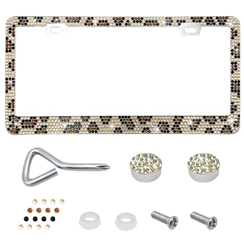 Bling License Plate Frame, Sparkly Rhinestone Car Tag Cover with Glitter Crystal Caps, Stainless Obstruction-Free Licence Plate Holder for Women Girls, Universal Car Accessories (Leopard Print) - color: Leopard Print