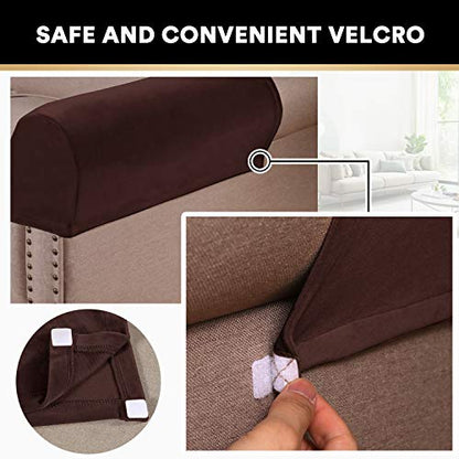 PrinceDeco 4 Pack Thick Velvet Stretch Armrest Covers for Chairs and Sofas - Non Slip, Brown - color: Brown