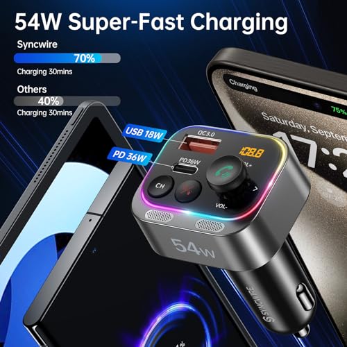 Syncwire Bluetooth 5.4 FM Transmitter Car Adapter 54W (PD 36W & 18W) [Stronger Dual Mics] [Light Switch] [HiFi Bass Sound] [Fast Charging] Wireless Radio Receiver Hands-Free Calling LED Display - color: Silver