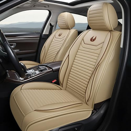 OASIS AUTO Car Seat Covers Full Set Premium Waterproof Full Coverage Faux Leather Luxury Universal Fit for SUV, Sedan, Pick-up Truck, Premium Interior Protectors (OD-008 Tan) - color: Tan