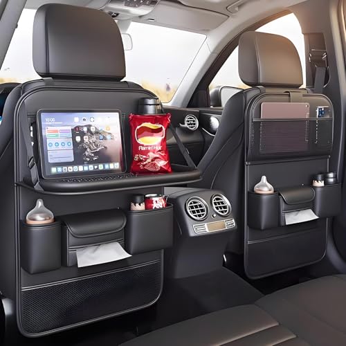 2 Pack Universal Foldable Car Backseat Organizer with Table Tray, Car Seat Back Protector with Touch Screen Phone Holder, Premium Leather Kick Mats with Storage Pockets Tissue Box (Black) - color: Black, size: 2 Pack