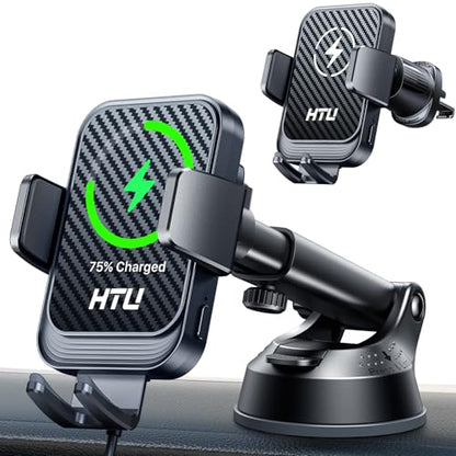 Wireless Car Charger with Phone Holder Mount, 15W Fast Charging Auto Clamping Phone Holders for You Car Windshield Dashboard Air Vent Accessories for iPhone, Samsung Galaxy (Black)
